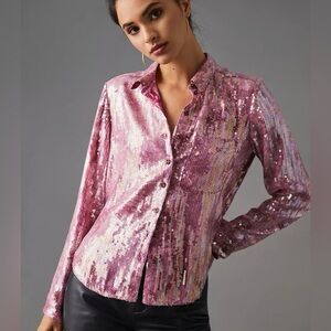 Pilcro Pink Sequin Long Sleeve Button Down Shirt